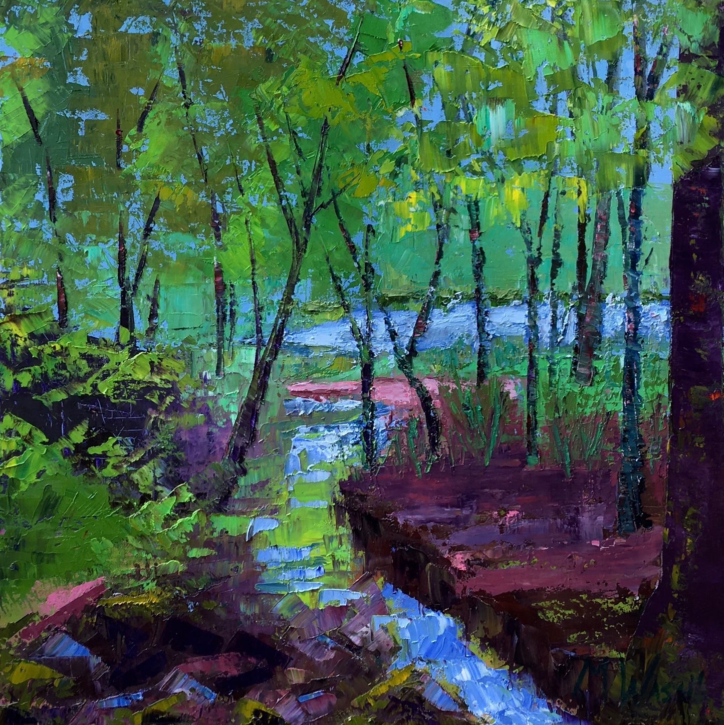 Green and Purple Lakefront Oil Painting  / Landscape Painting / Bond Lake North Carolina