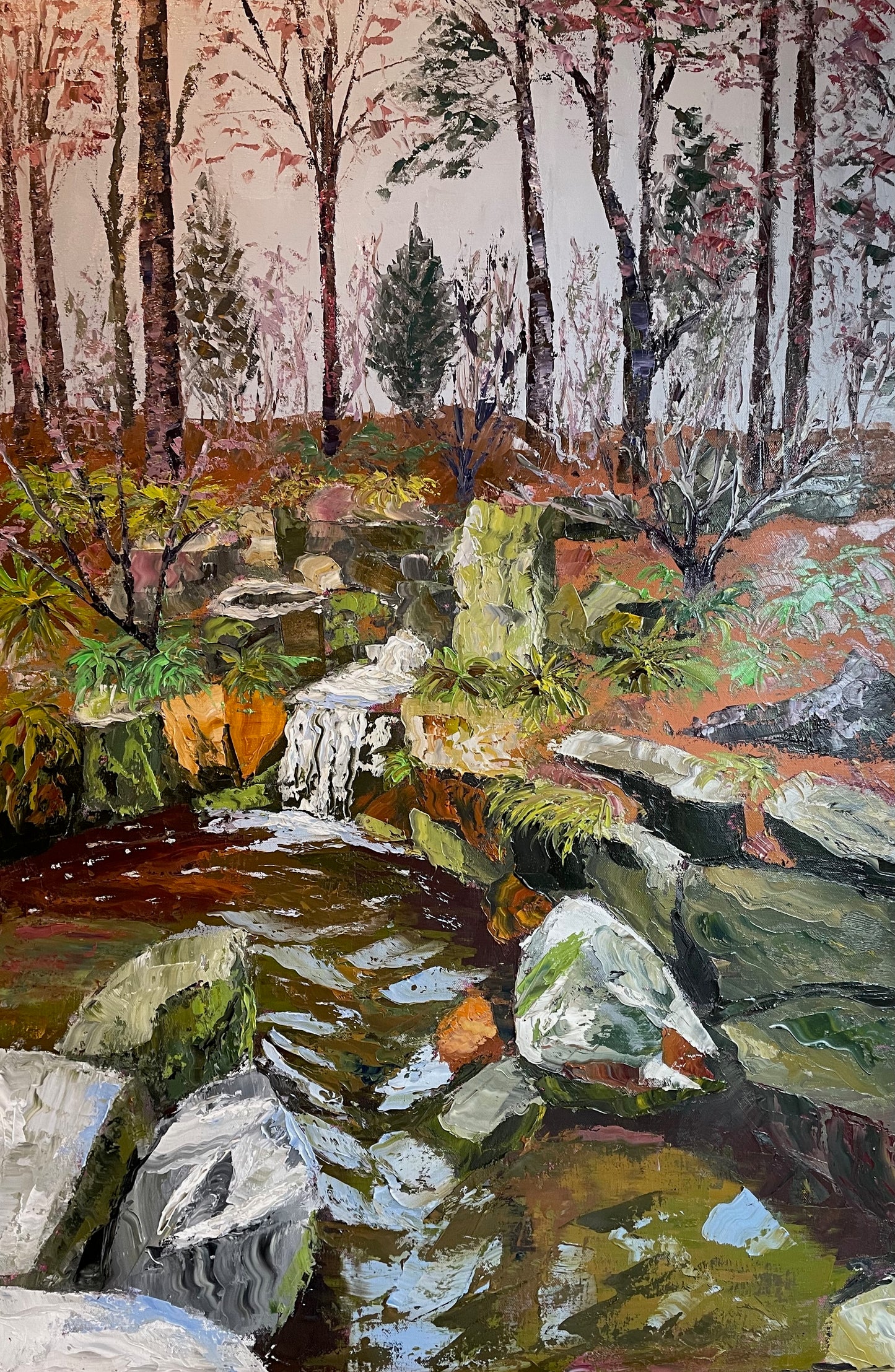 Green, Grey, Orange Landscape Original OIl Painting / North Carolina, Duke Gardens / Rocks and Waterfall