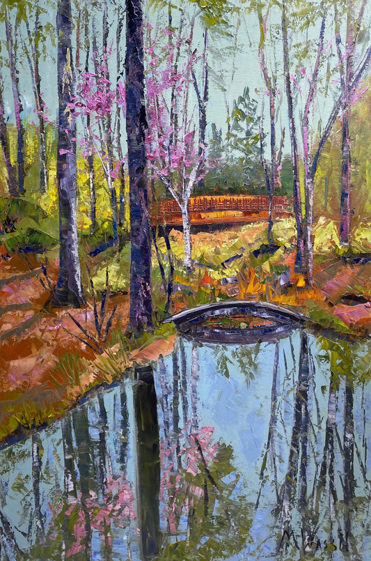 Blue, Green, Purple, Pink and Orange Landscape Painting / North Carolina, Duke Gardens