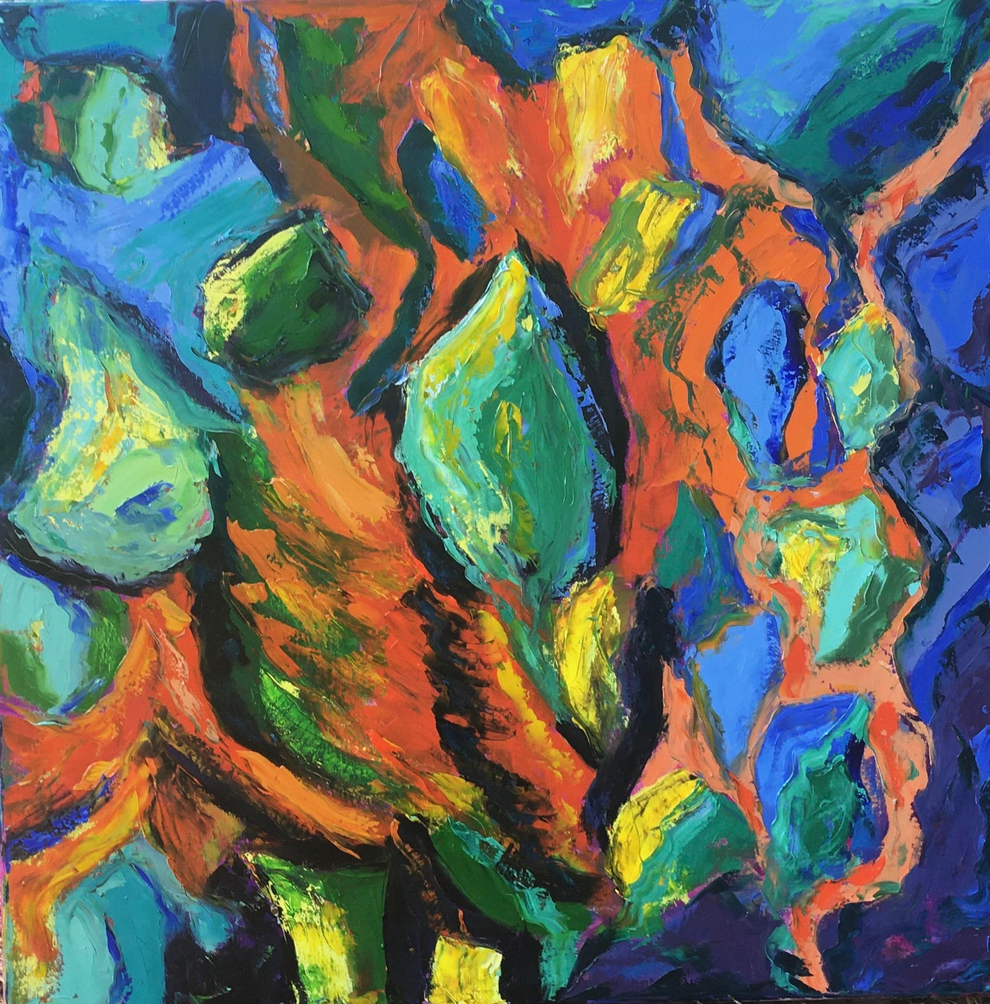 Green, Blue, Yellow and Orange Abstract Original Oil Painting