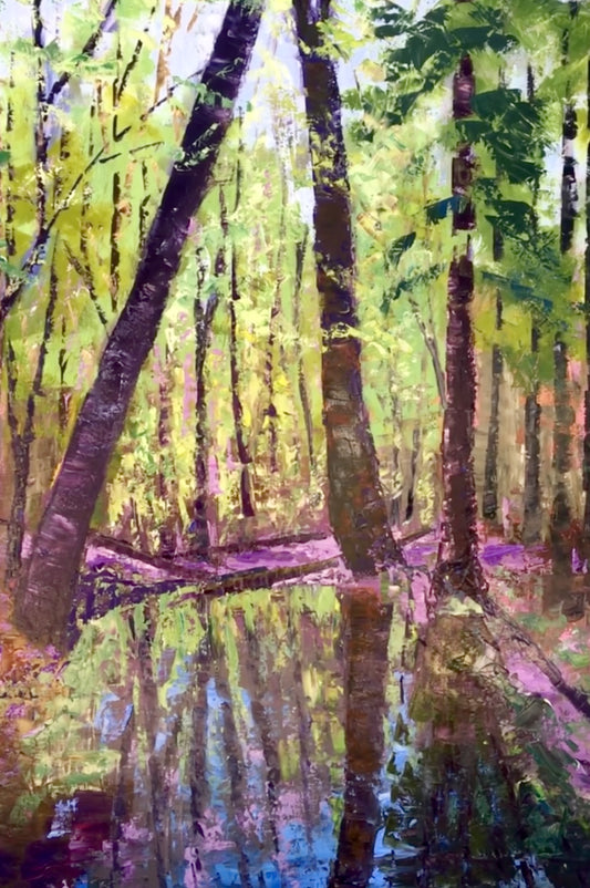 Blue, Purple and Green Trees Reflection Original Oil Painting / Hemlock Bluffs Cary, NC / Landscape