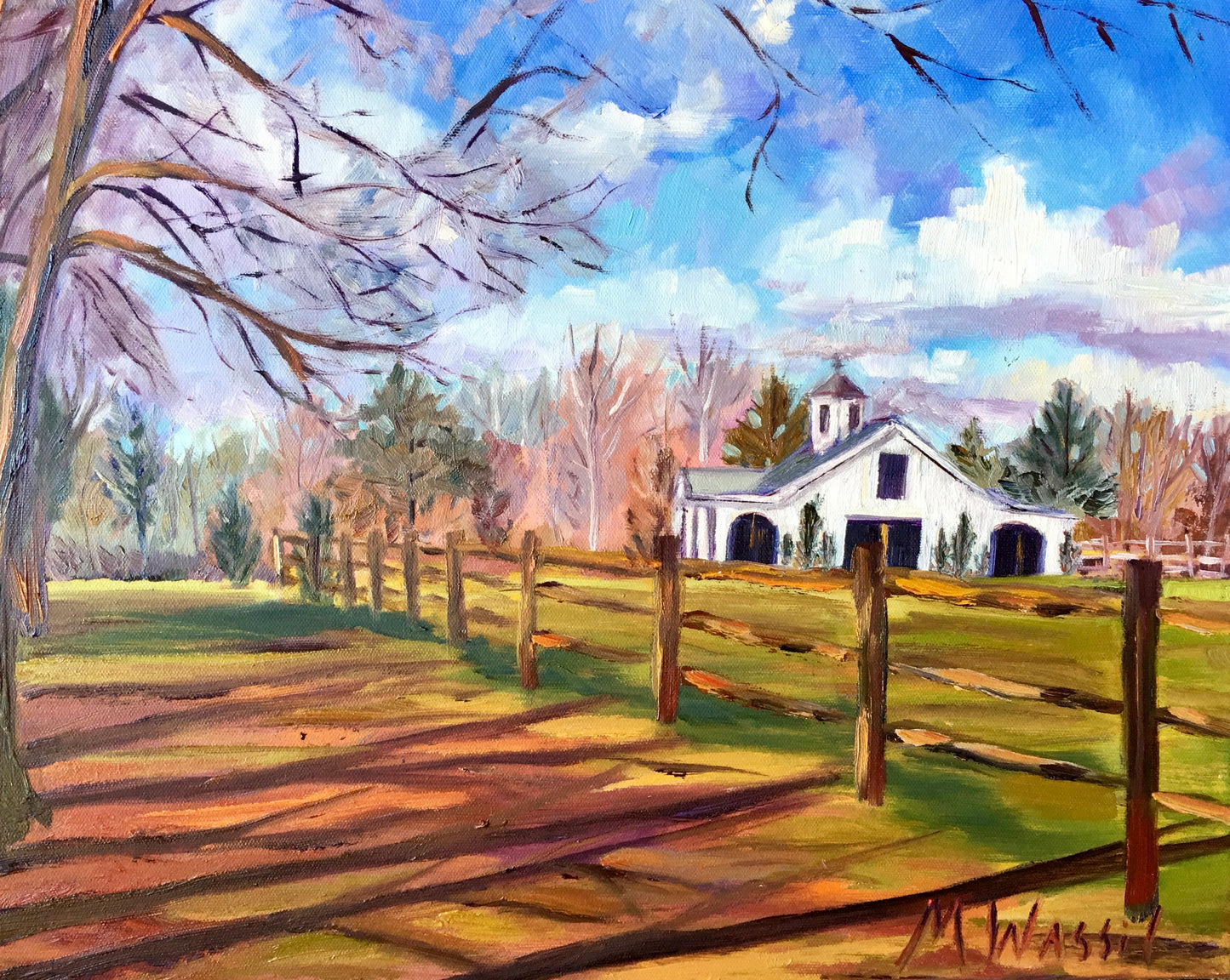 White Barn with Picket Fence Painting / North Carolina Farm Landscape