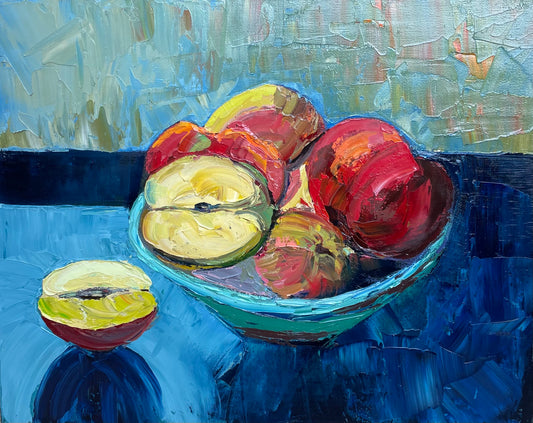 Abstract Apple Still Life Painting / Red, Orange, Green, Blue, Yellow