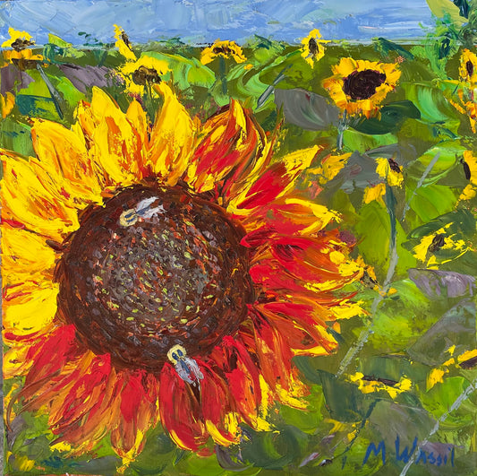 Sunflower Bee Original Oil Painting / Red, Orange, Yellow, Green, Blue