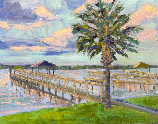 Palm Tree and Boat Dock Original Oil Painting of Wrightsville Beach Canal, North Carolina