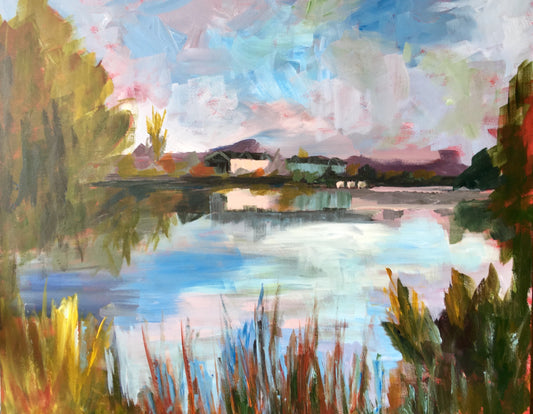 Blue, Green, Pink Lake Views / Landscape Painting / Cary, North Carolina