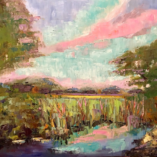 Pink and Blue Sky Waterfront Marsh Painting / Landscape Oil Painting  / Guilford, Connecticut