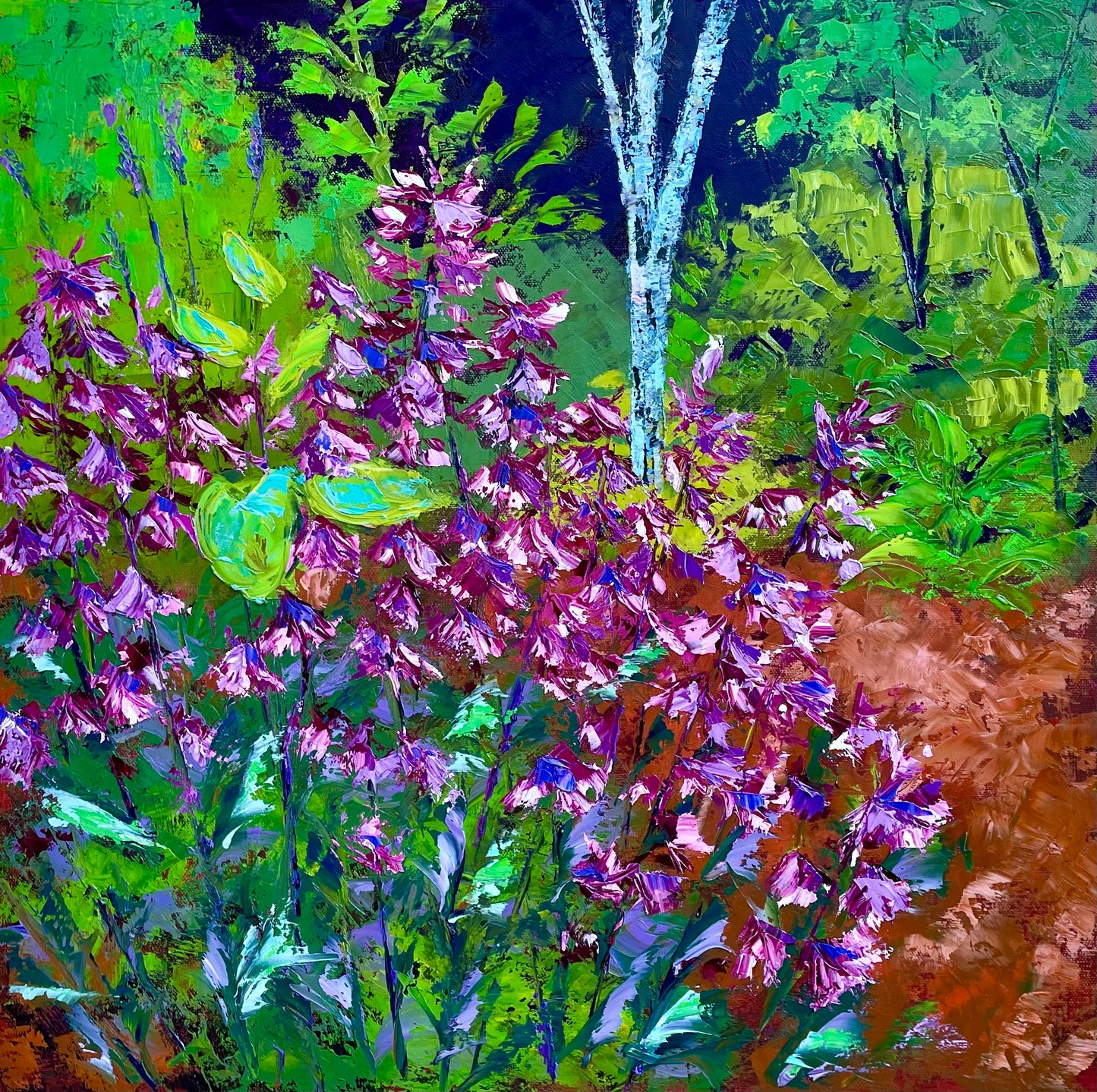 Flower Garden Original Oil Painting / Pink, Purple and Green Garden