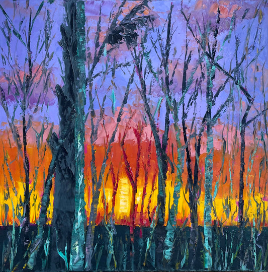 Sunset Landscape Original Oil Painting / Red, Orange, Yellow, Purple and Turquoise