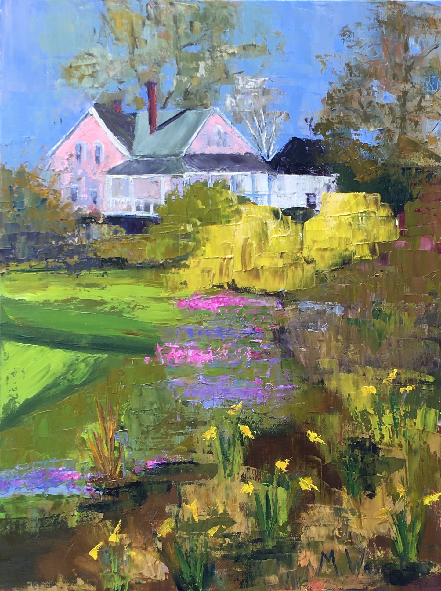 Pink House, Green and Yellow Garden Original Oil Painting / Apex, North Carolina