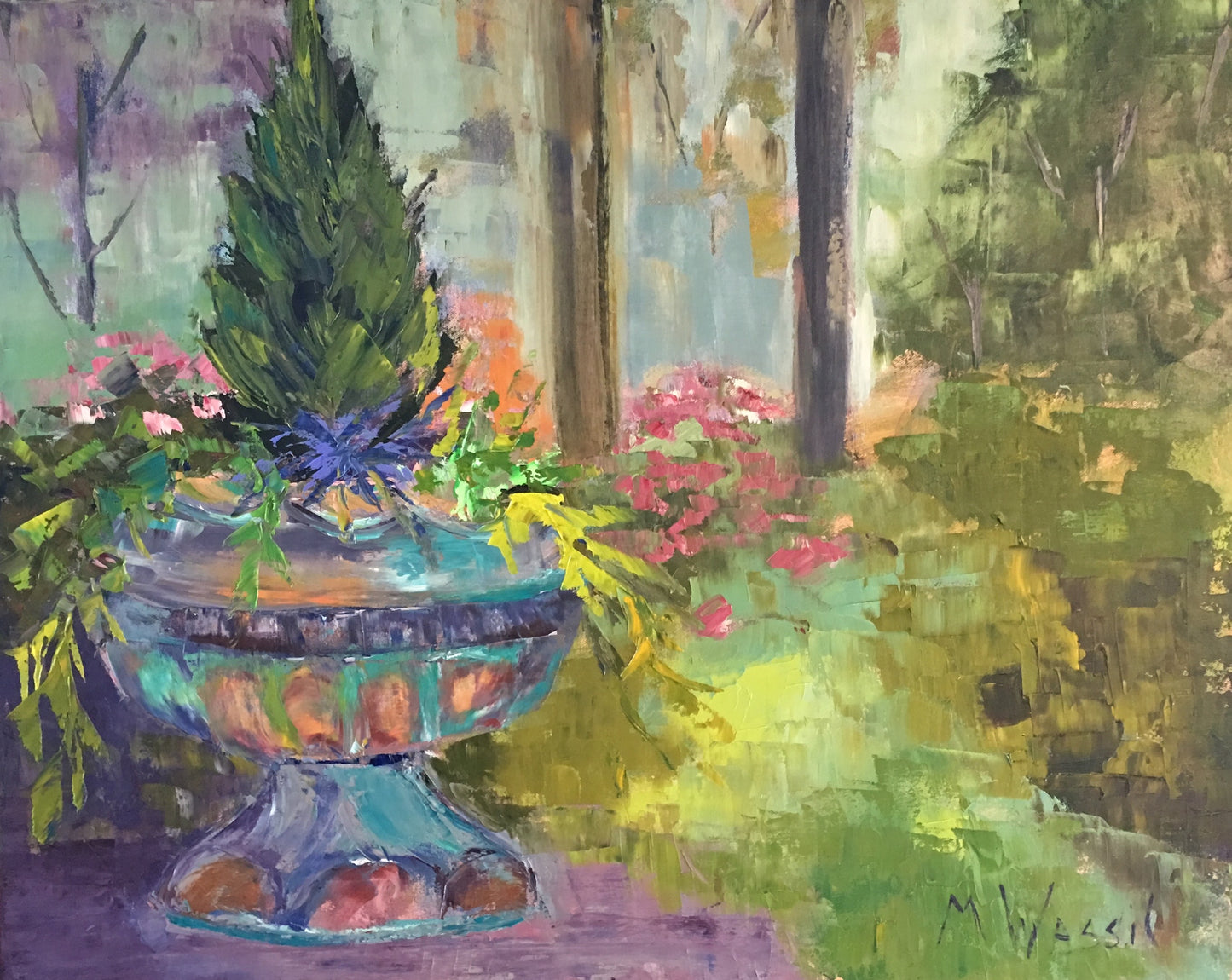 Turquoise, Green and Orange Garden Urn Painting /  Duke Gardens, NC