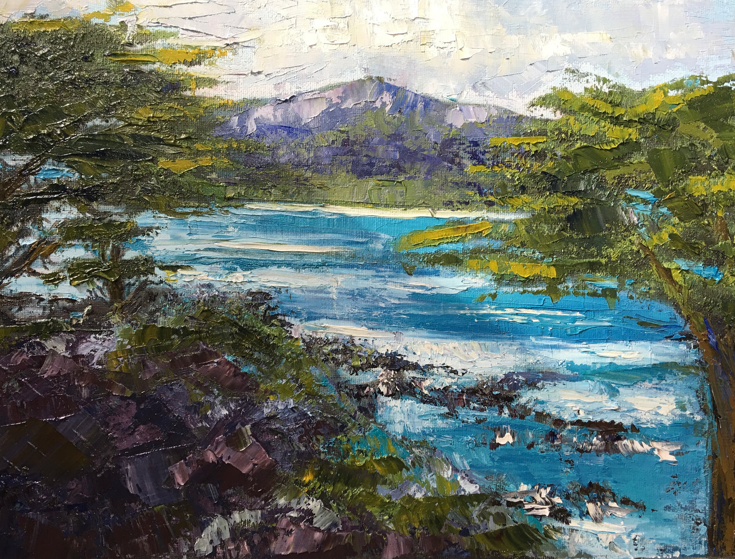 Pebble Beach, California Original Oil Painting / Seascape with Mountains and Trees / Landscape Painting