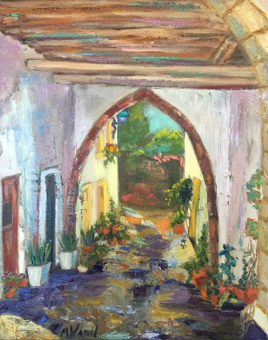 Cobblestone Alley with Potted Plants/ Portugal Alcove Original Oil Painting