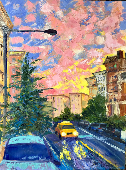 Yellow and Pink Sky Cityscape Original Oil Painting / Washington DC / Yellow Taxi