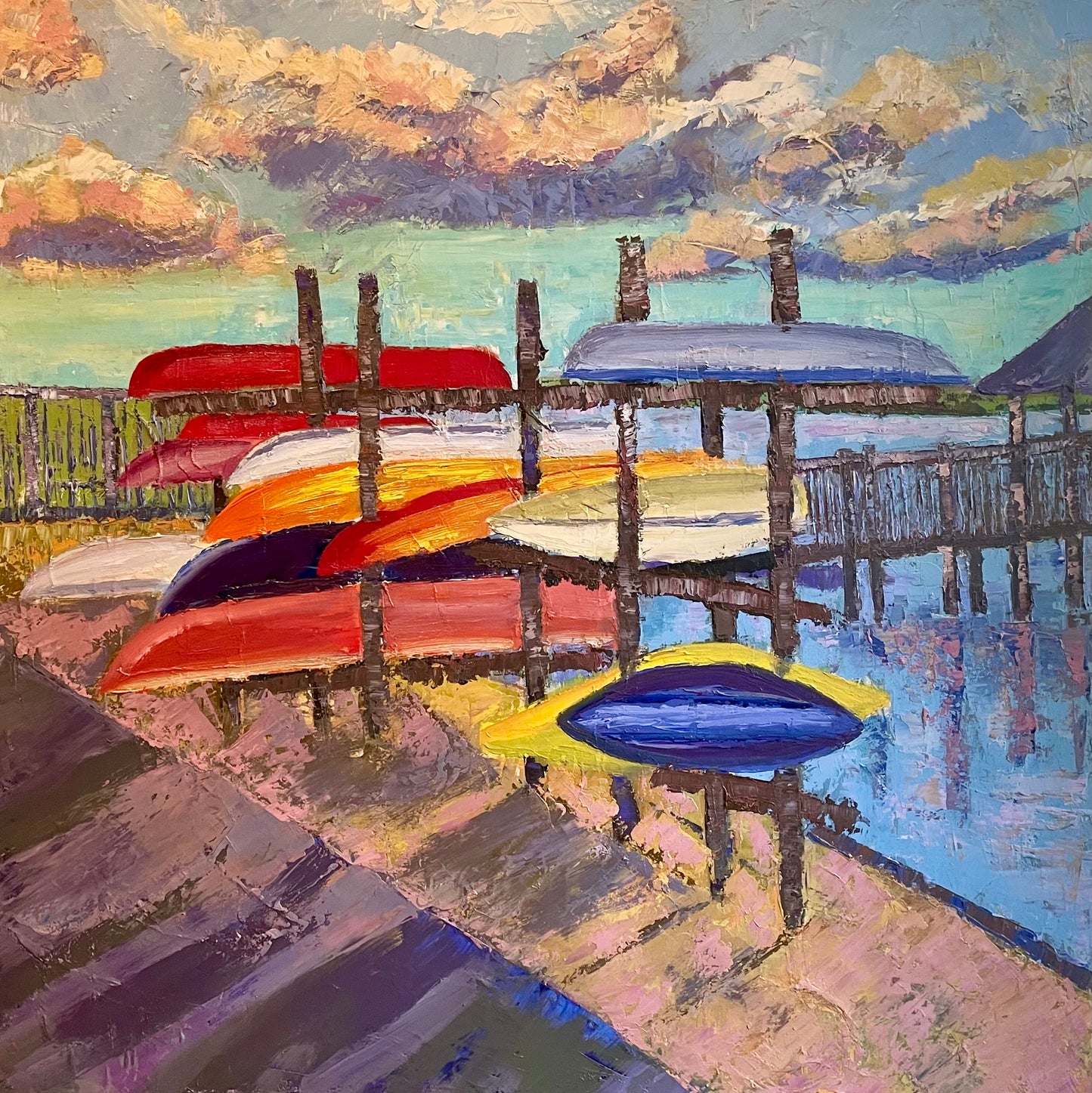 Kayak Boats / North Carolina Beach Oil Painting / Wrightsville Beach / Purple, Aqua, Red, Orange