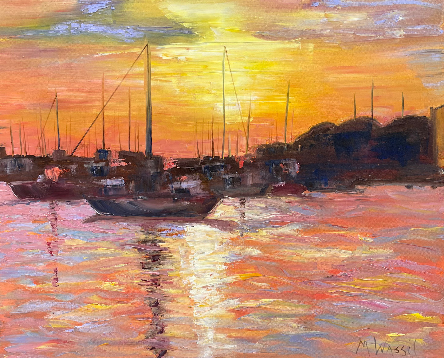 Sunset on Southport Marina / Waterfront Boat Oil Painting, South Carolina Seascape