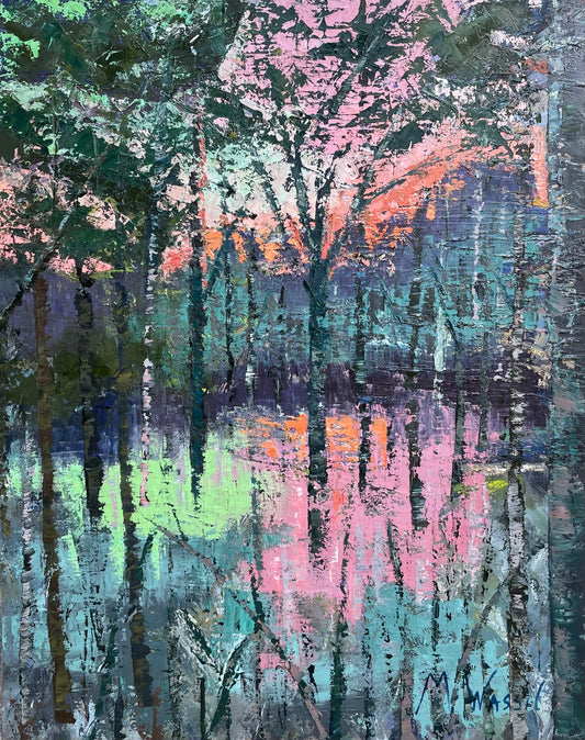 Abstract Pink and Orange Sunset Trees and Lake Original Oil Painting / North Carolina Landscape