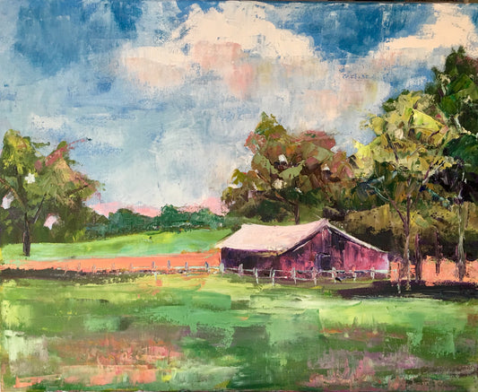 Red Barn Farm Landscape Painting / Pickett Fence / North Carolina Farm