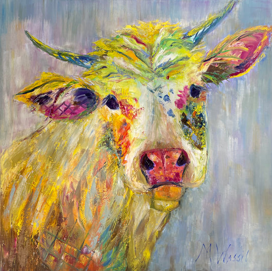 Cow Portrait Original Oil Painting /  Pink and Yellow Bull