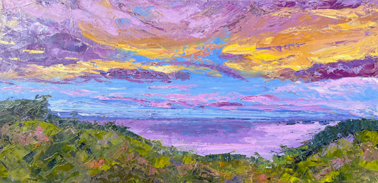 Costa Rica Sunset Original Oil Painting / Pink, Purple, Green and Yellow