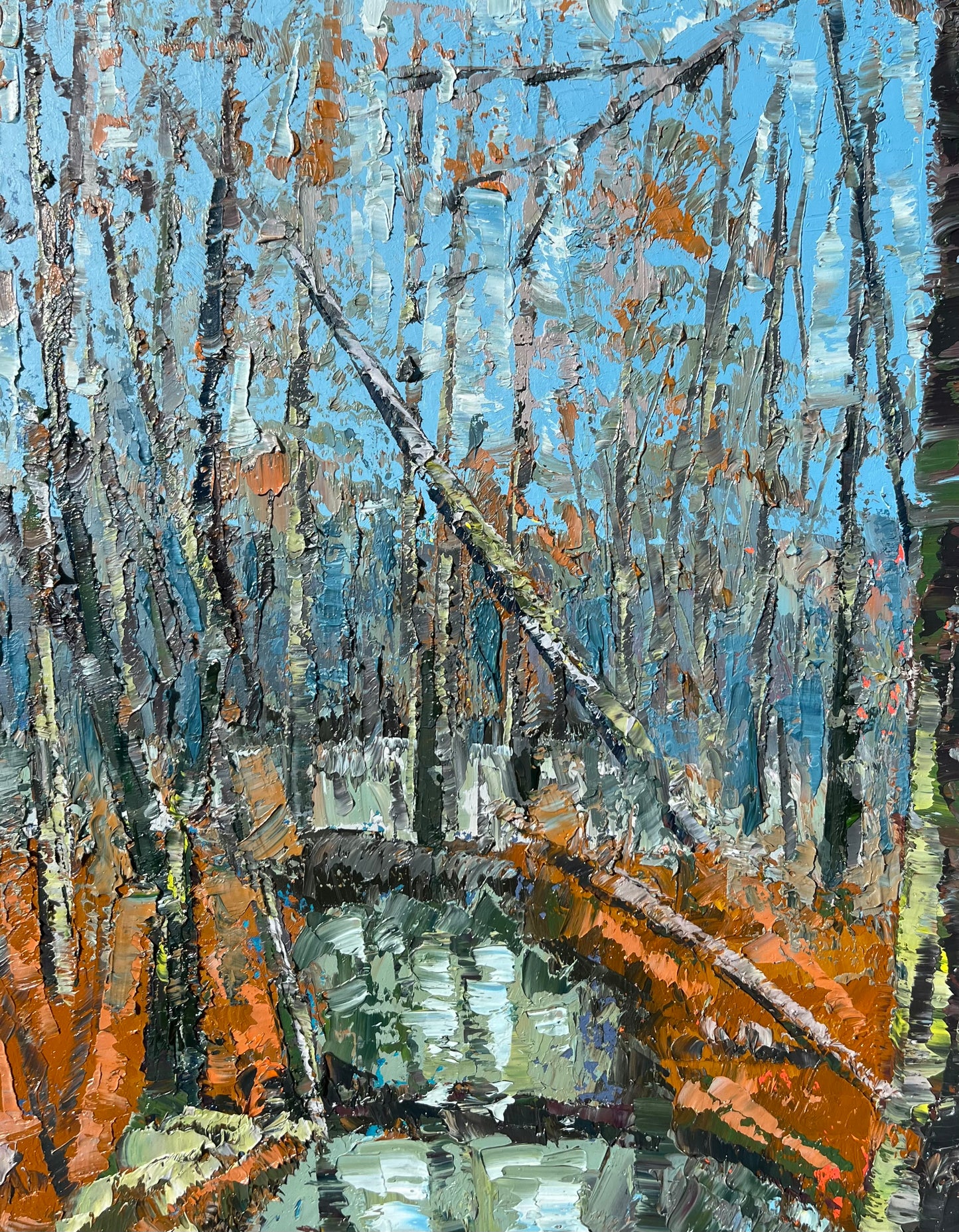 Umstead Park Landscape Painting / Impasto Palette Knife / Blue , Ornage, Grey