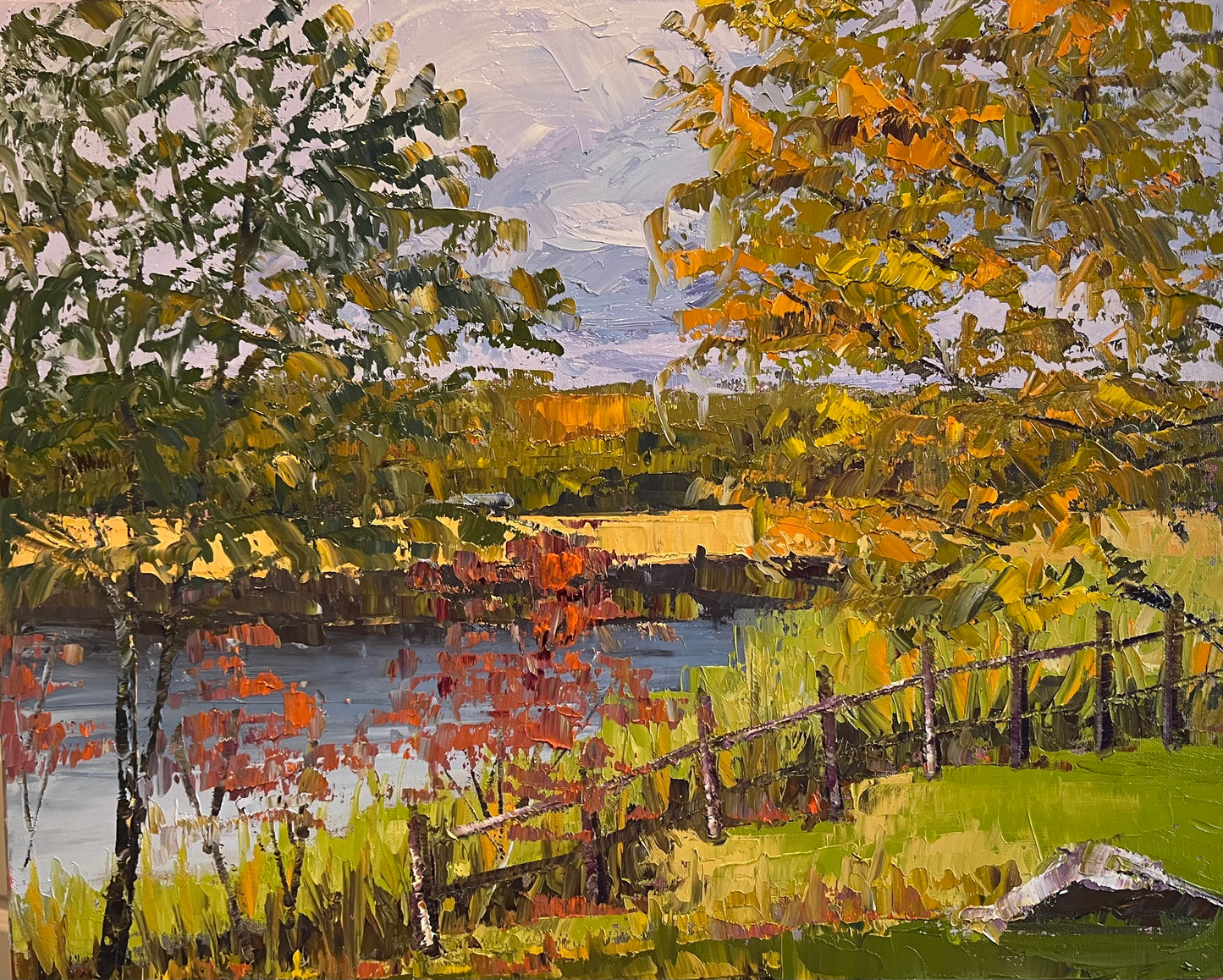 Fall Landscape Oil Painting / Essex Ct / Red, Green, Orange, Yellow, Blue