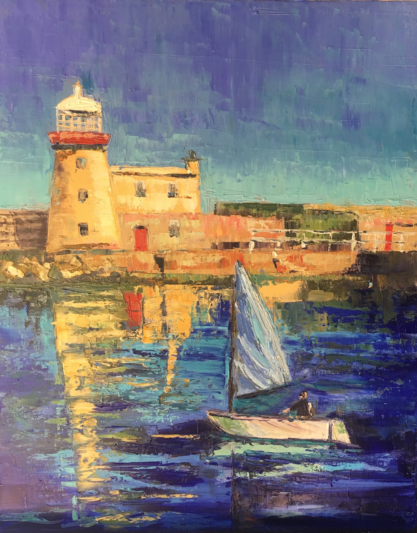 Lighthouse and Sailboat Original Oil Painting / Seascape Howth, Ireland