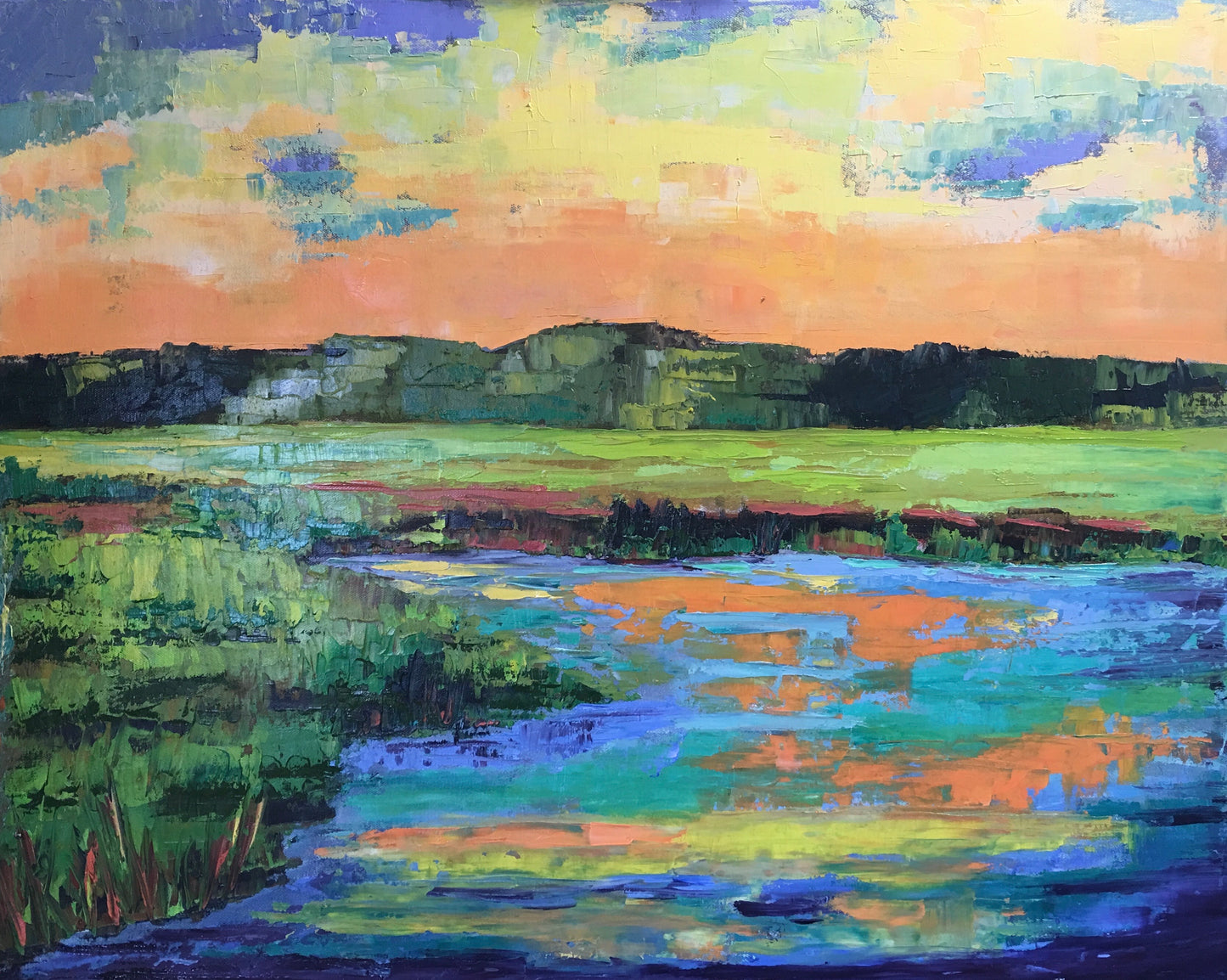 Sunset Marsh Original Oil Painting / Orange, Blue, Green / Connecticut Shoreline