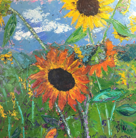 Sunflower Garden Print / Orange, Yellow, Green, Blue / Giclee / Fine Art Print on Matte Archival Paper