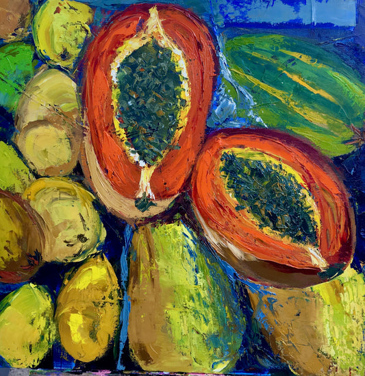 Abstract Papaya Still Life Oil Painting / Orange, Green, Blue, Yellow and Grey