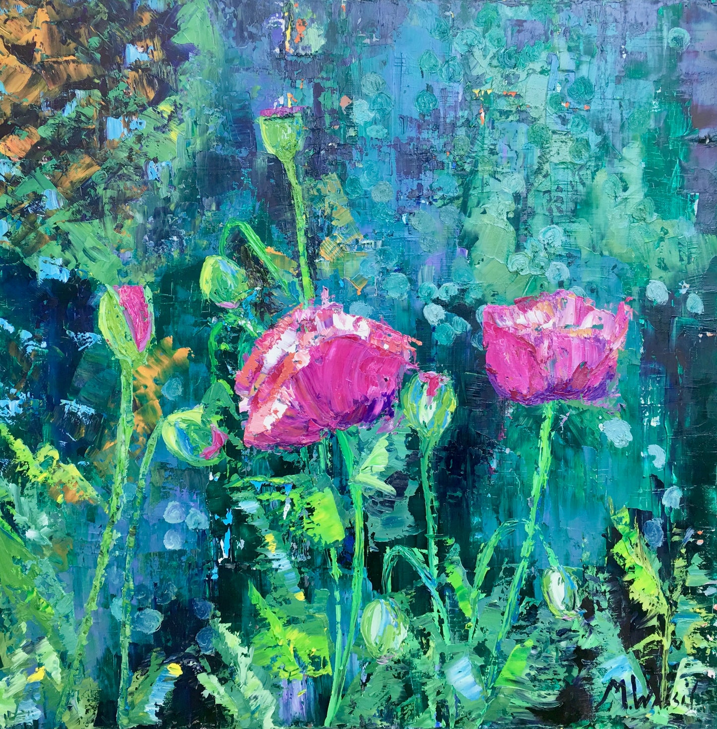 Peoni Flower Garden / Pink, Green, Blue, Yellow / Original Oil Painting