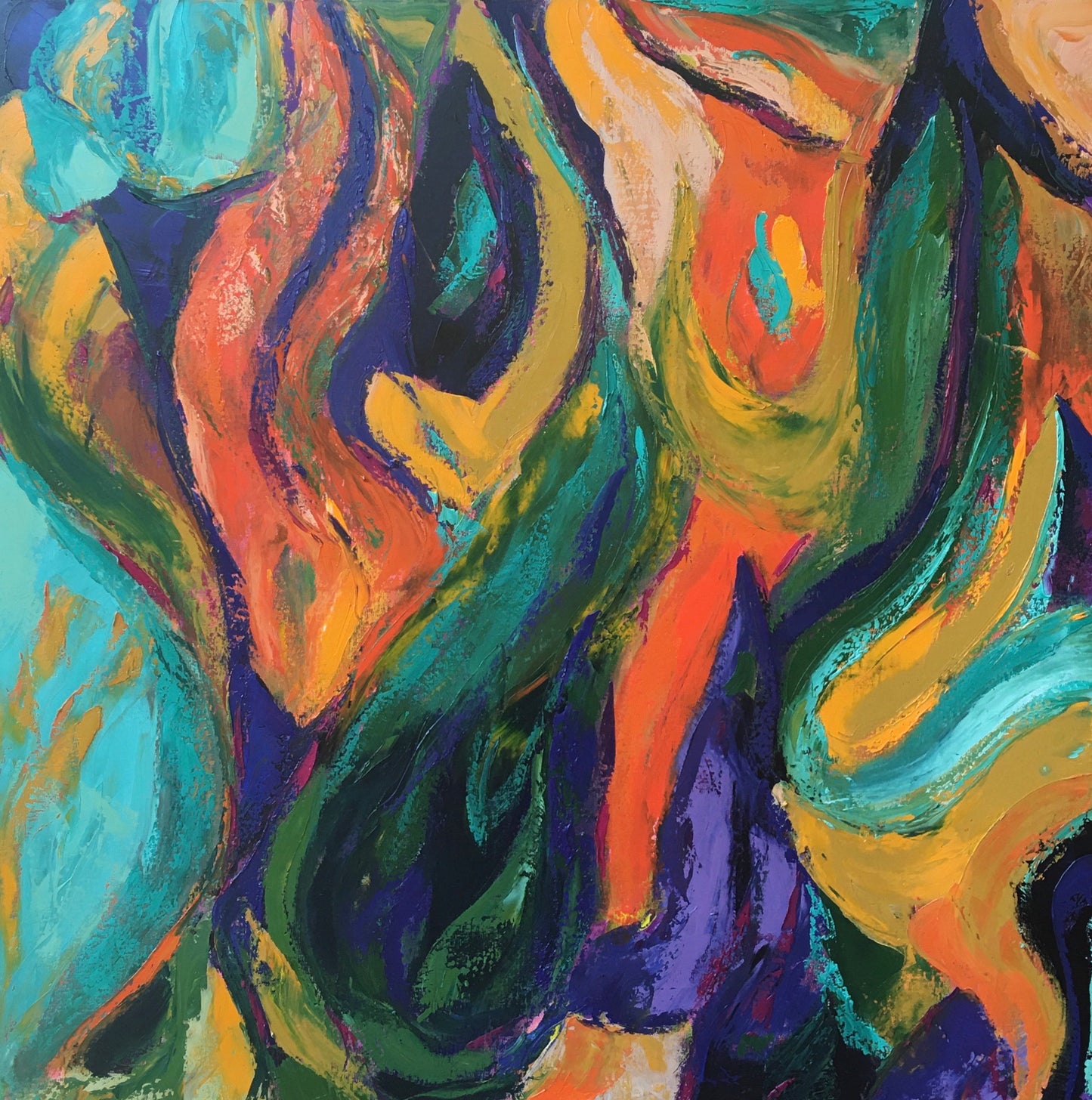 Green, Blue, Orange and Gold Abstract Original Oil Painting